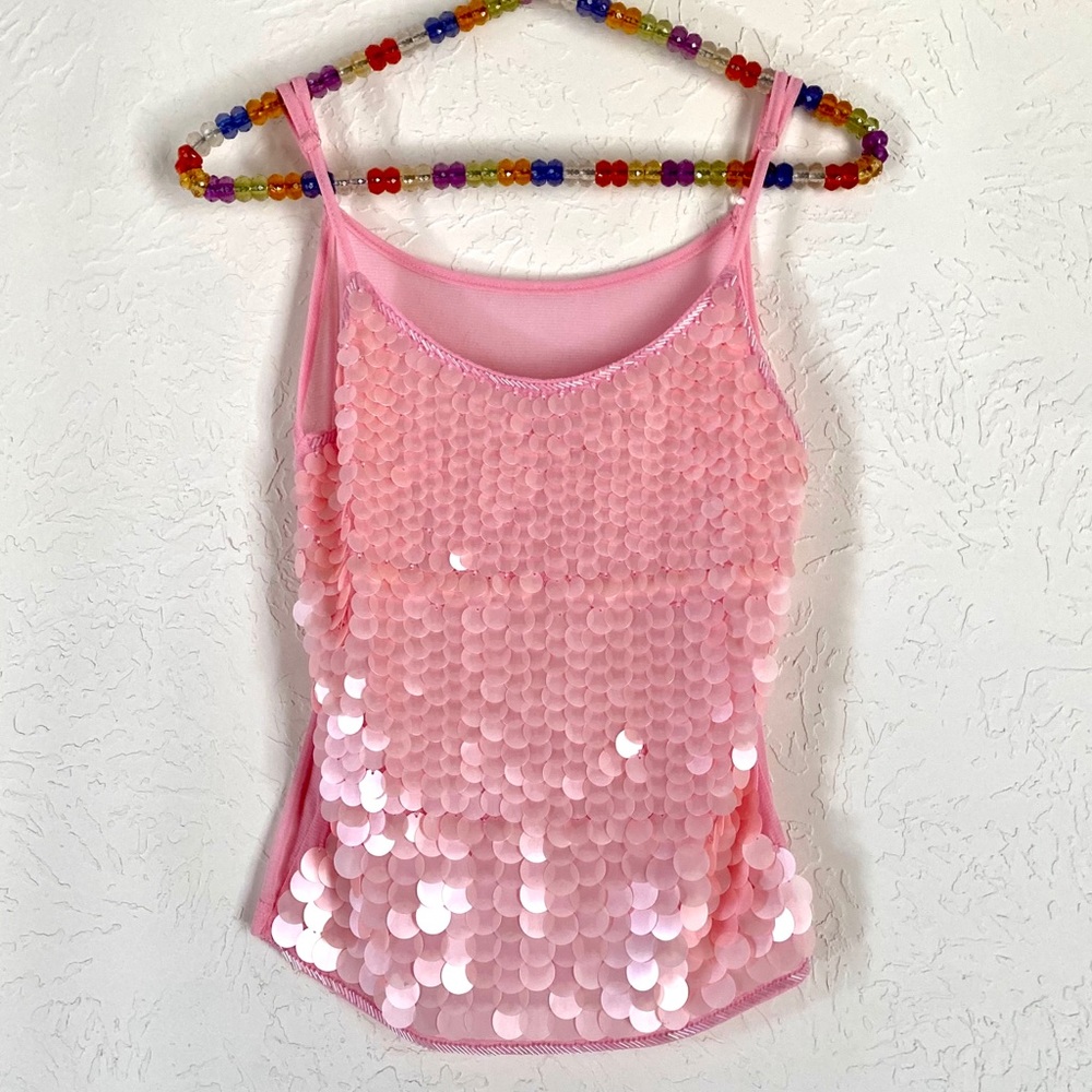 Beautiful camisole top is decorated with large shiny standout pink sequins!